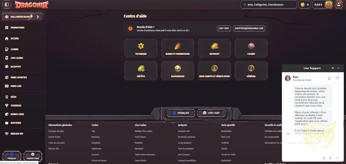 Accès au service client Dragonia Casino