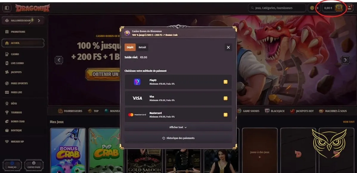 Interface des paris sportifs Dragonia Casino