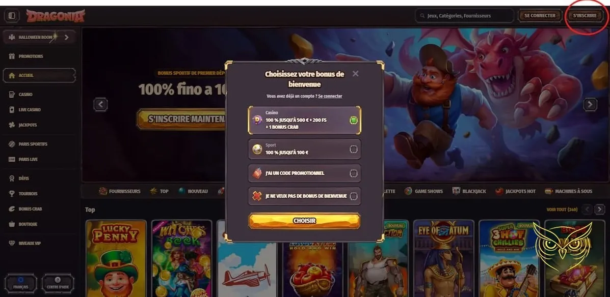 Vue des paris sportifs en direct Dragonia