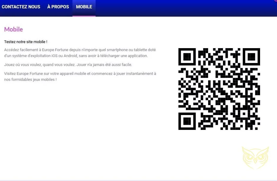 Capture d'écran de la version mobile Europe Fortune Casino.