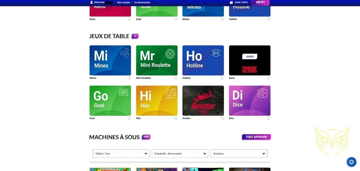 Interface du casino live Europe Fortune