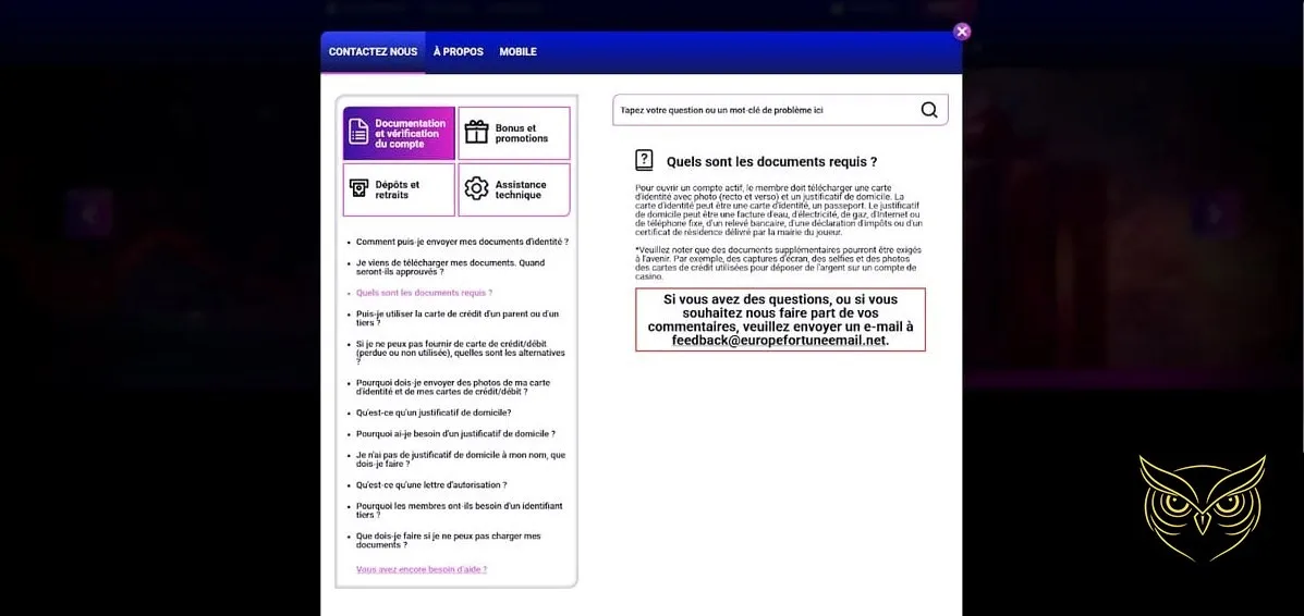 Icône d'accès au service client Europe Fortune Casino.