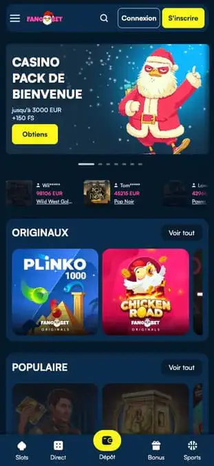 Capture d'écran de l'application mobile Fanobet Casino.
