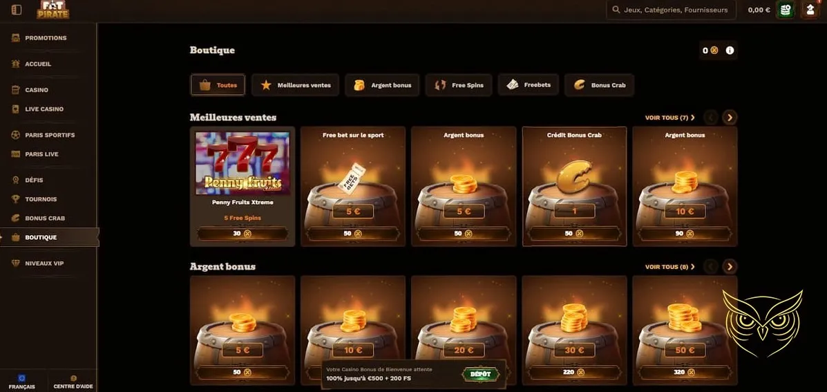 Section des jeux en ligne Fat Pirate Casino