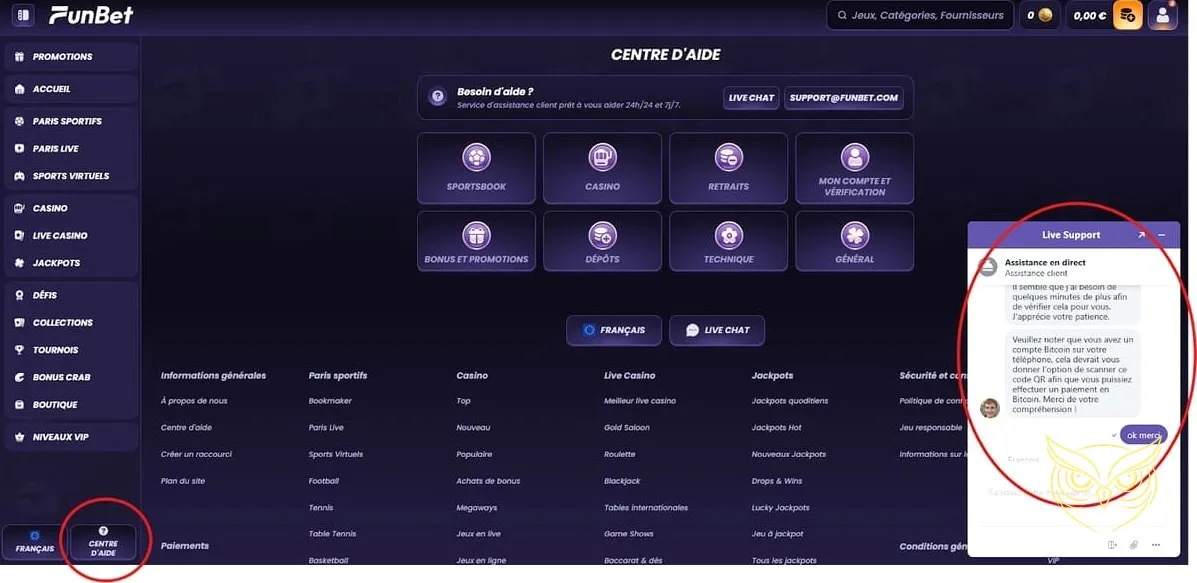 Page de dépôt du casino Funbet
