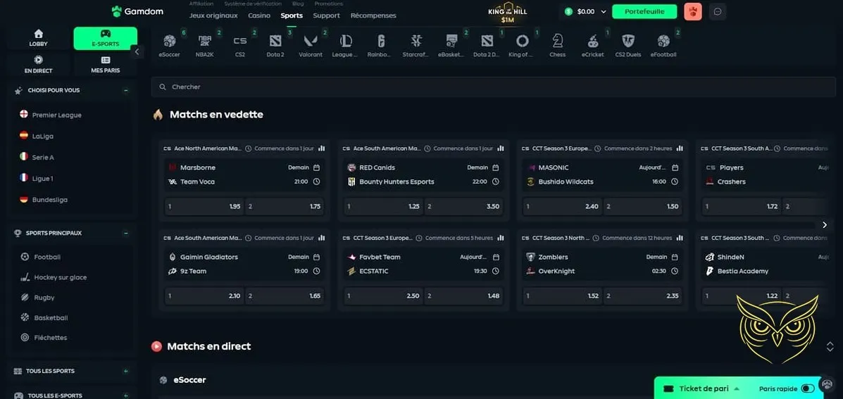 Section paris sportifs du Gamdom Casino