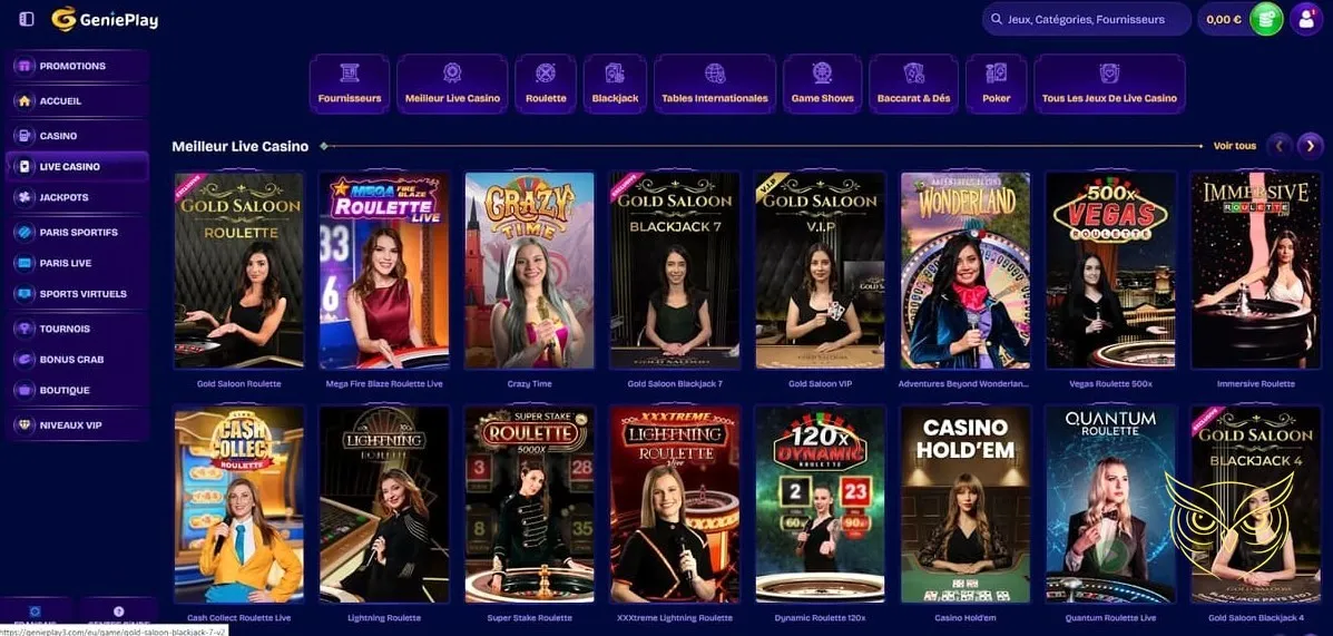 Affichage des tournois disponibles GeniePlay Casino