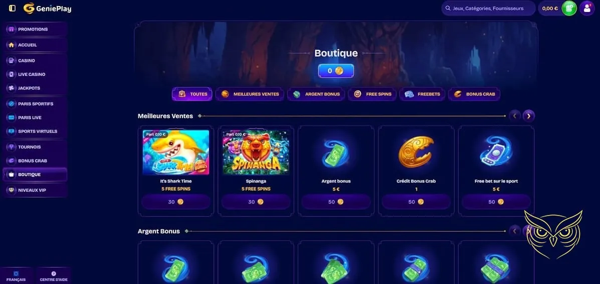 Interface des paris sportifs GeniePlay Casino