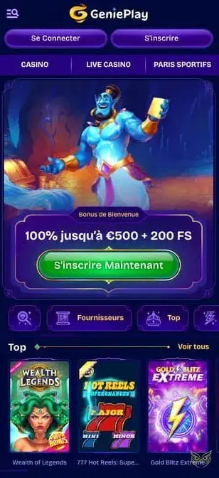 Interface de l'application mobile GeniePlay Casino
