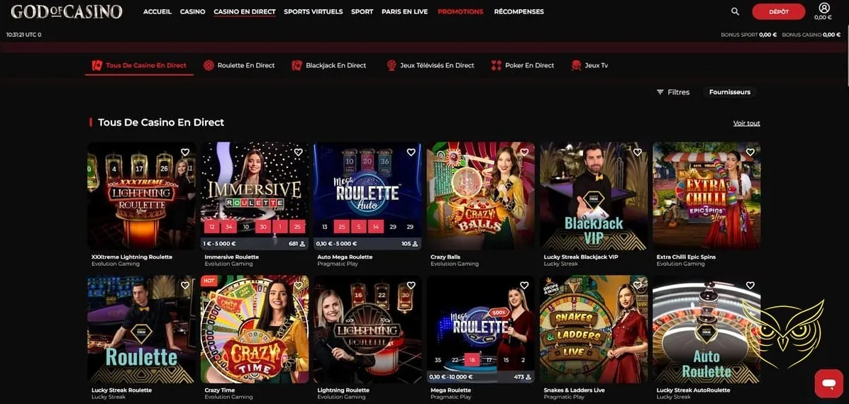 Section casino en direct God of Casino