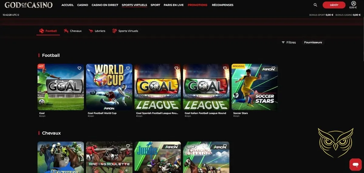 Page des paris sportifs God of Casino