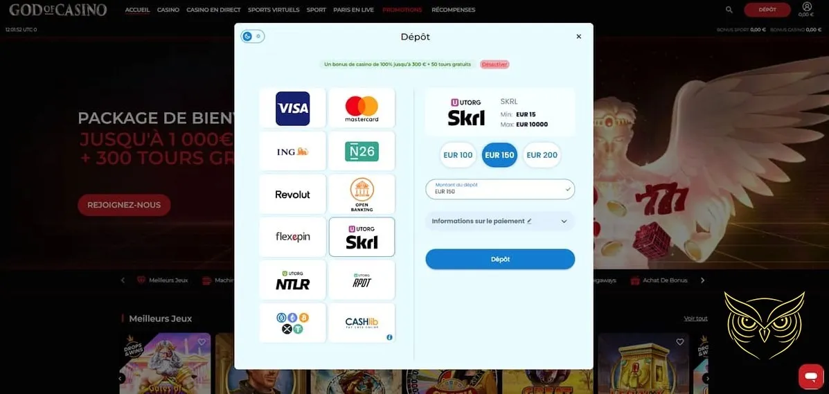 Tableau des paris sportifs en direct God of Casino