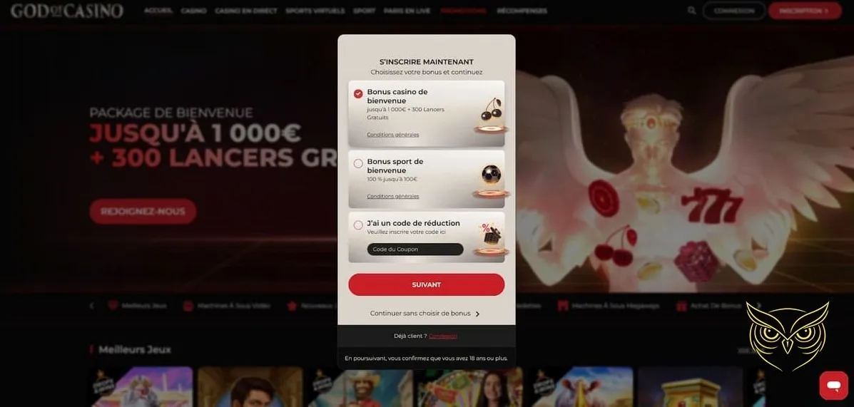 Interface des rencontres virtuelles en direct God of Casino