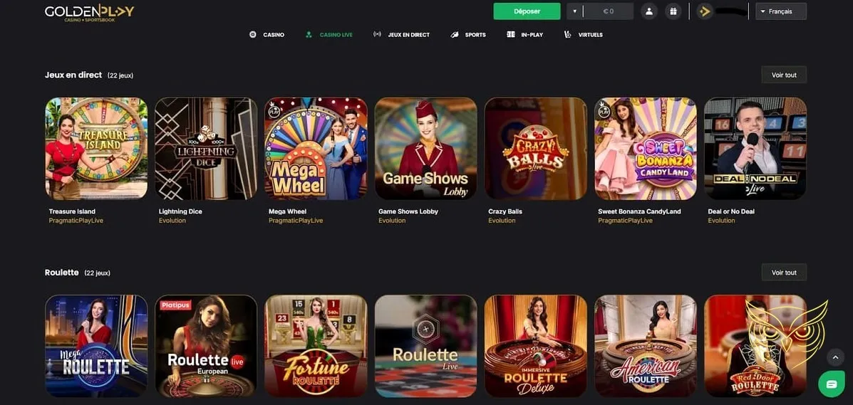 Capture d'écran paris en direct GoldenPlay Casino.