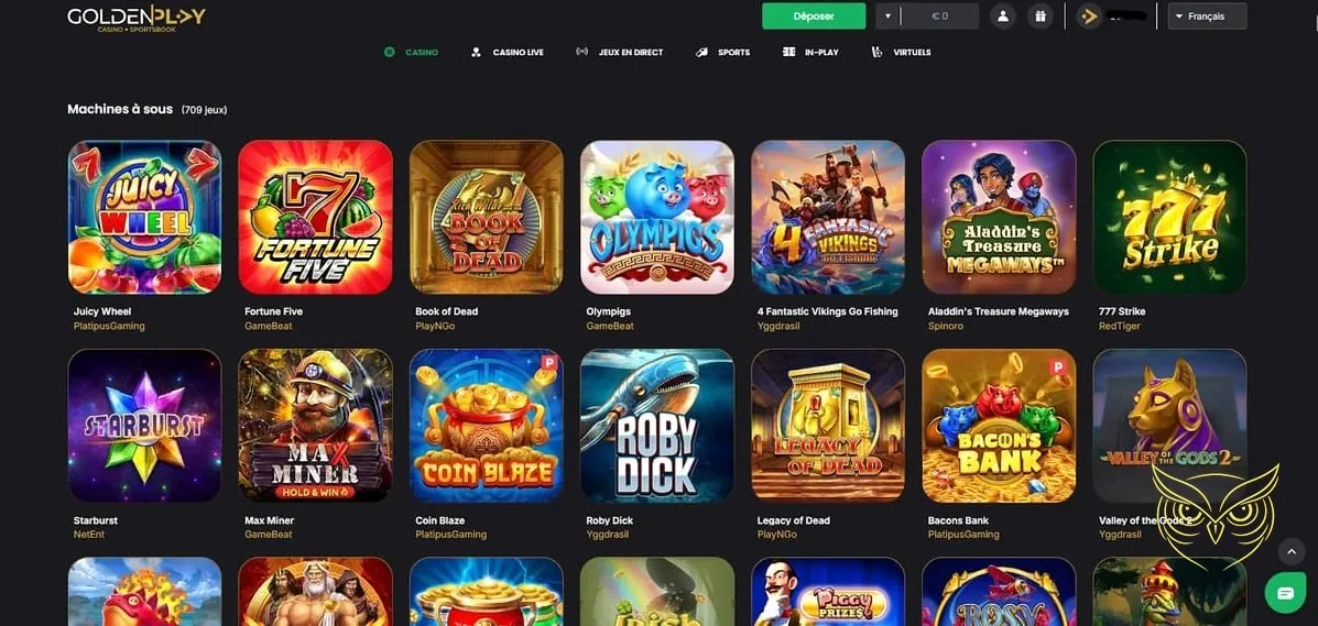 Interface sports virtuels GoldenPlay Casino.