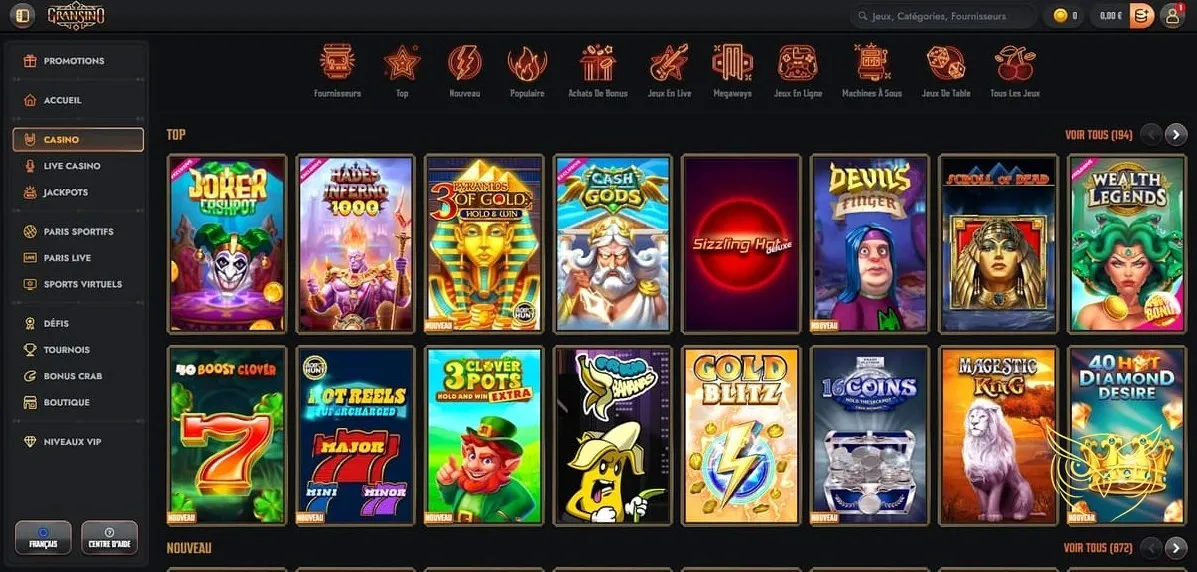 Page des tournois Gransino Casino.