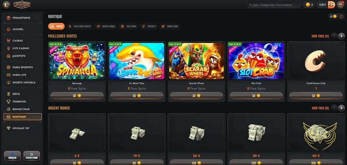 Section paris sportifs Gransino Casino.