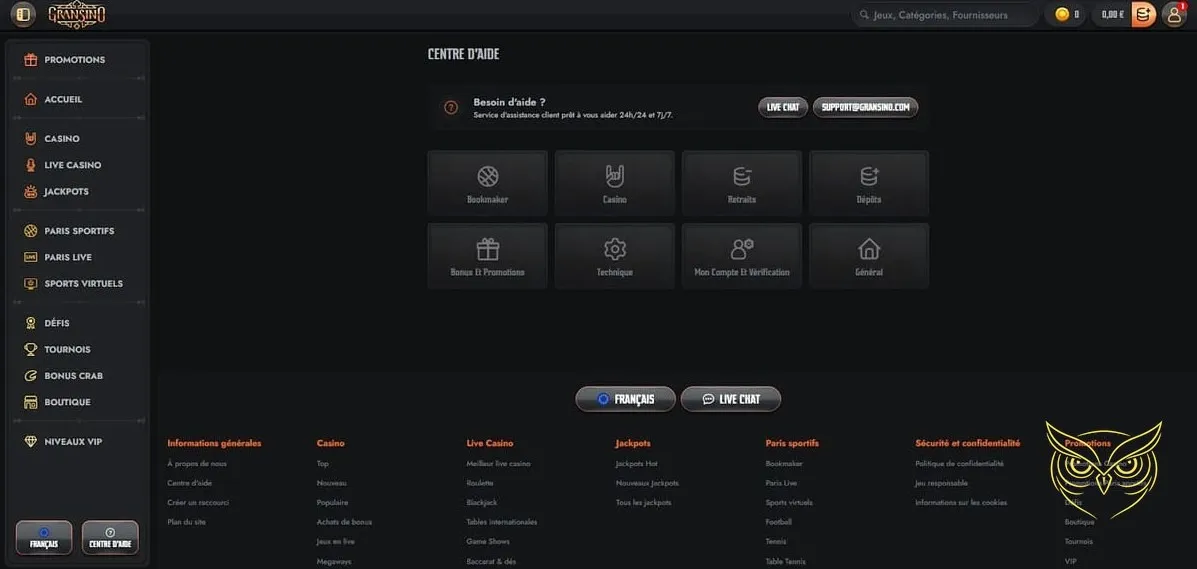 Interface des paris live Gransino Casino.