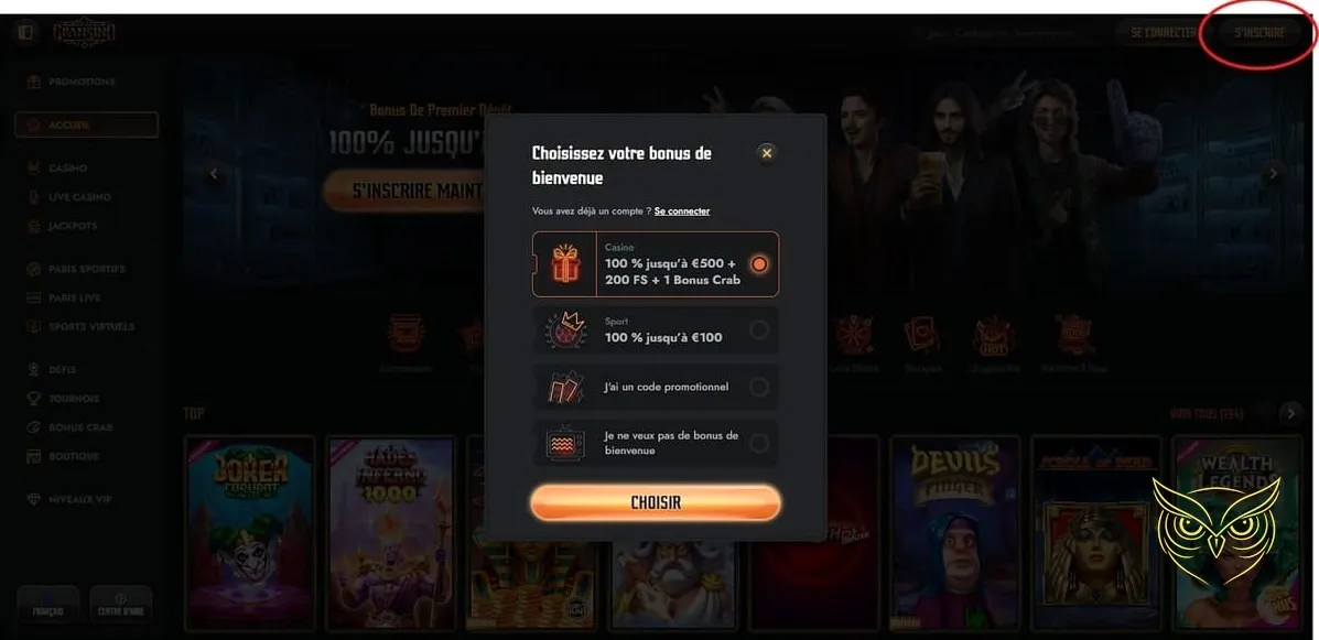 Offre bonus de bienvenue Gransino Casino.