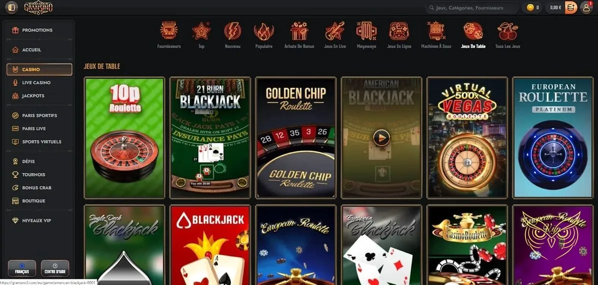 Détails bonus premier dépôt Gransino Casino.