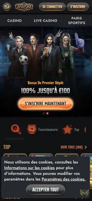 Capture d'écran application mobile Gransino Casino.