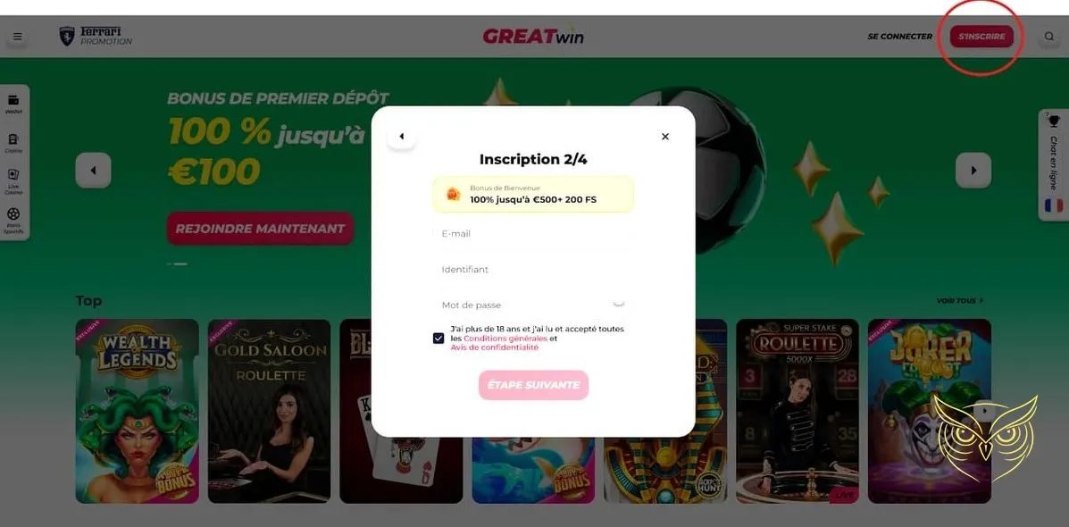 Page des promotions GreatWin Casino