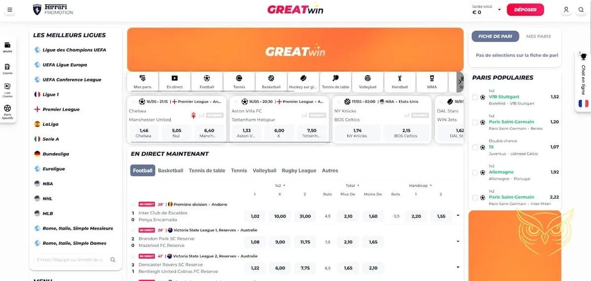 Interface de la boutique GreatWin Casino