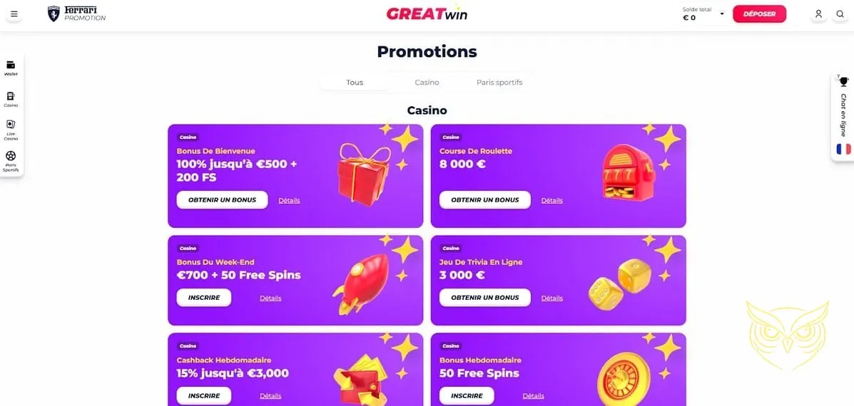 Détails des avantages VIP GreatWin Casino