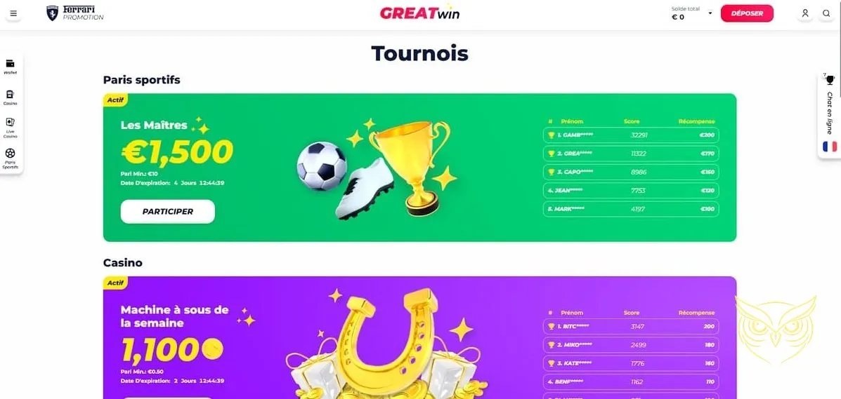 Icône ou section FAQ du casino GreatWin.