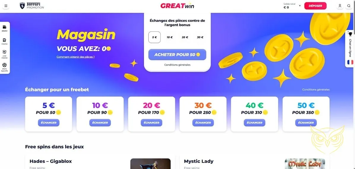 Section des paris sportifs GreatWin Casino