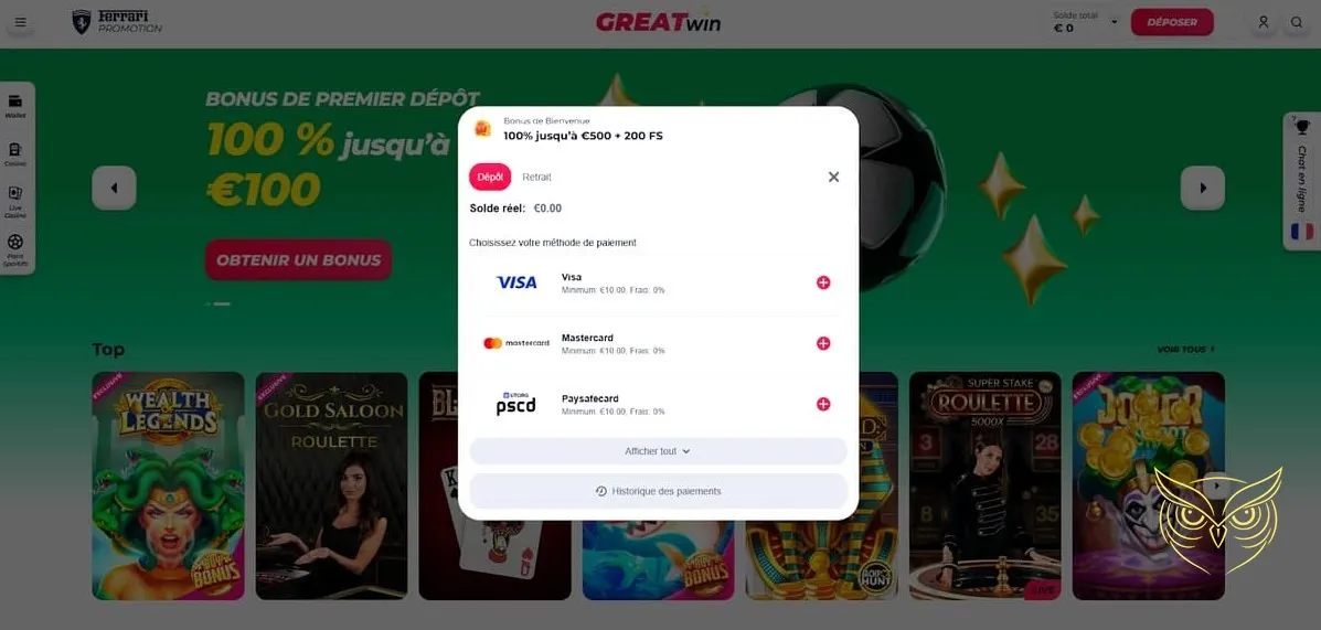 Visuel du bonus de bienvenue GreatWin Casino