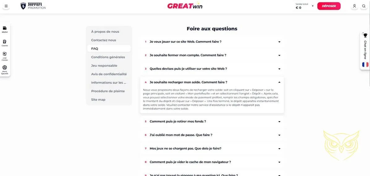 Bonus de premier dépôt GreatWin Casino détaillé