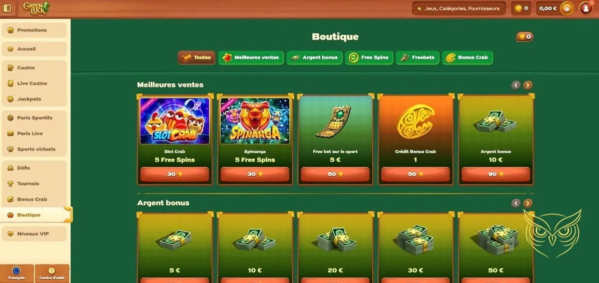 Section des jackpots GreenLuck Casino.