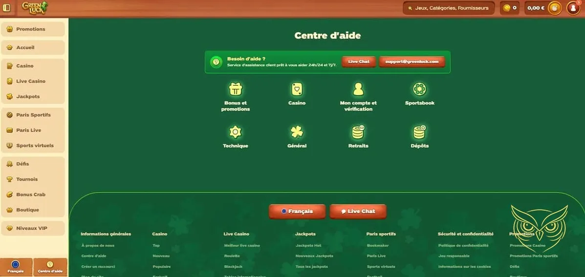 Interface paris sportifs GreenLuck Casino.