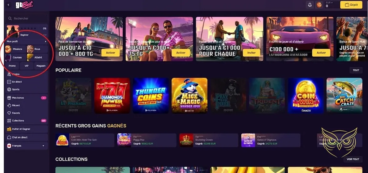 Avantages de l'espace VIP GTBet Casino