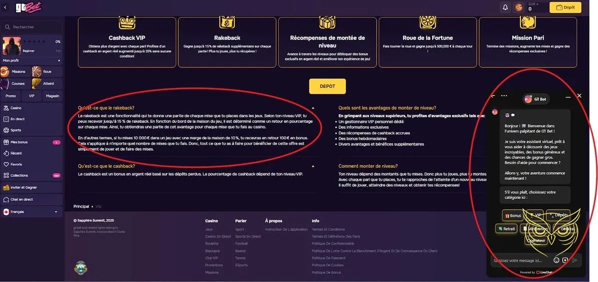 Page de contact du service client GTBet