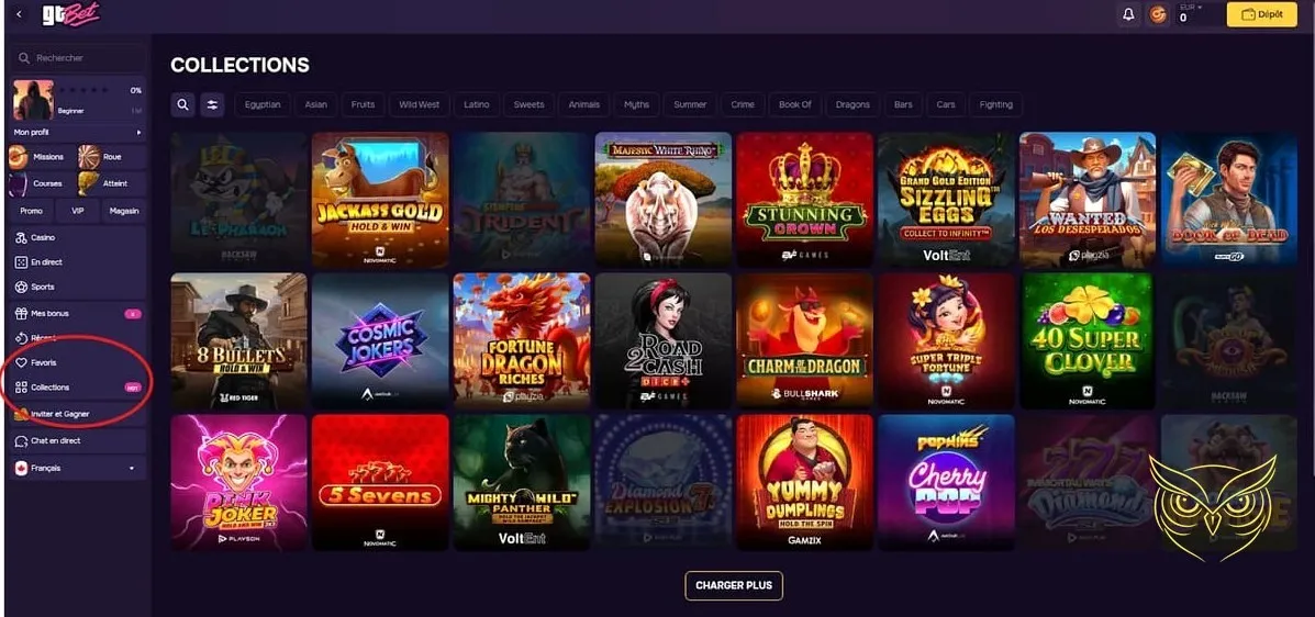 Catégories de jeux et collections GTBet Casino