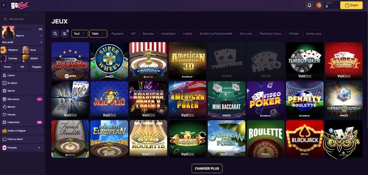 Section des paris sportifs GTBet Casino