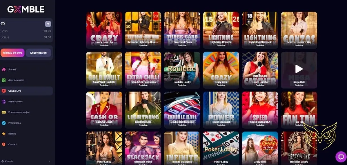 Interface des paris sportifs Gxmble Casino.