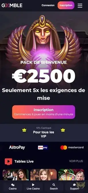 Capture d'écran de l'application Gxmble Casino mobile.
