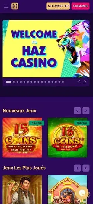 Capture d'écran de l'application Hazcasino mobile.