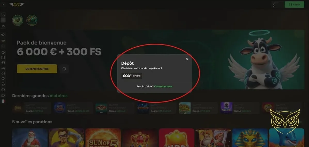 Capture d'écran du casino live Holyluck.