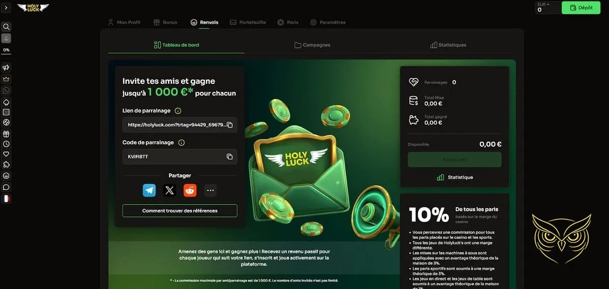 Interface des paris sportifs Holyluck Casino.