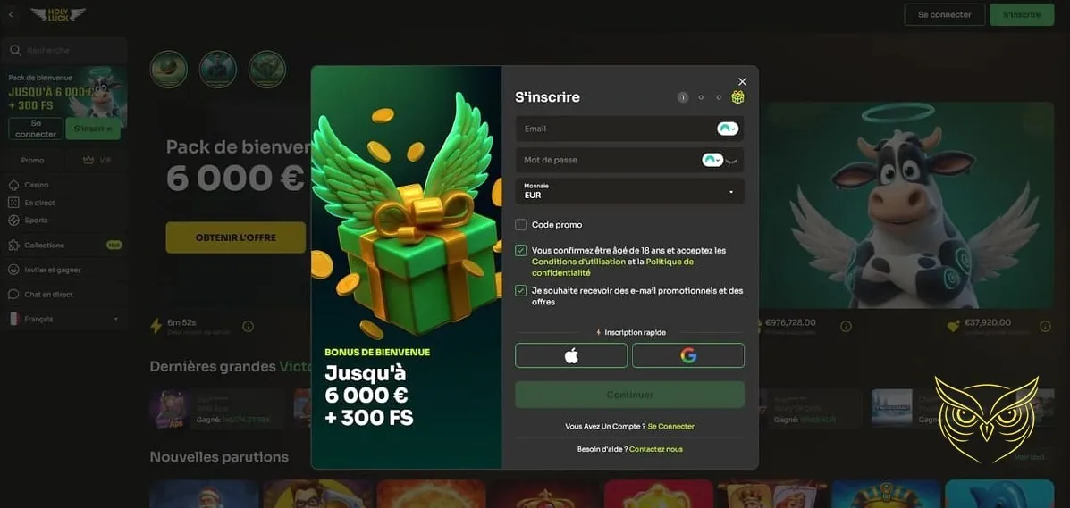 Bannière du pack de bienvenue Holyluck Casino.