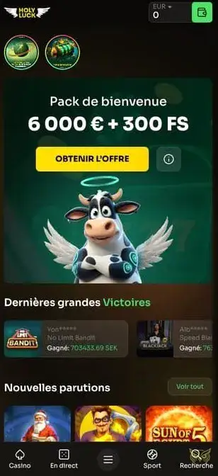 Capture d'écran de l'application Holyluck Casino.
