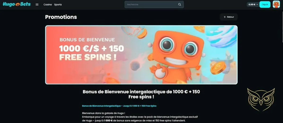 Capture d'écran du lobby Hugo Bets Casino