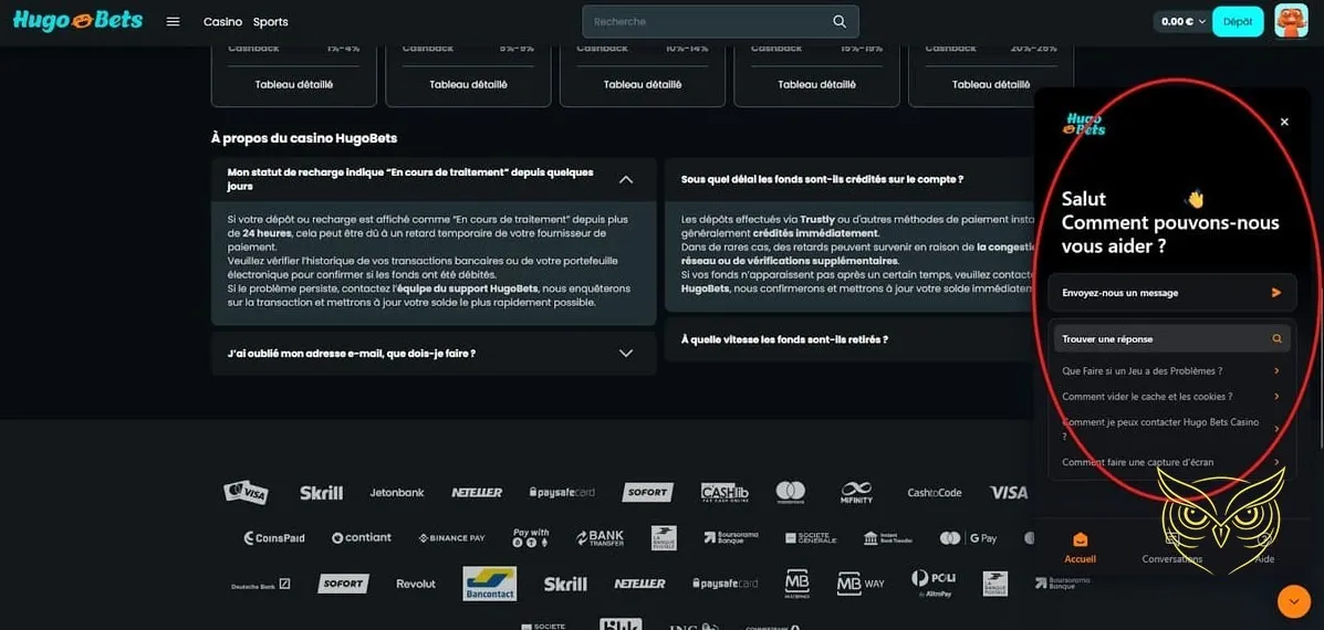 Page de contact du service client Hugo Bets