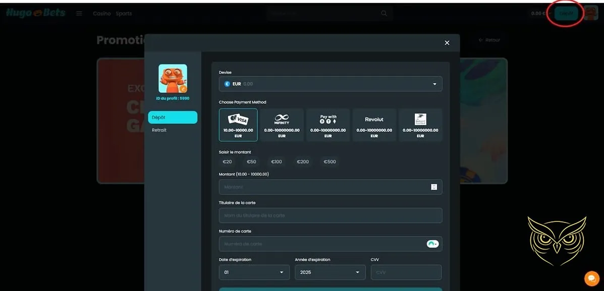 Interface des paris sportifs Hugo Bets Casino