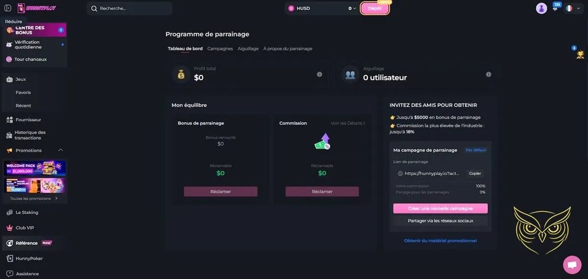 Tableau des niveaux VIP HunnyPlay Casino