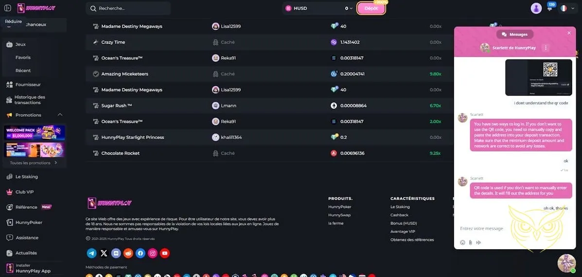 Fonctionnalités de staking du casino HunnyPlay